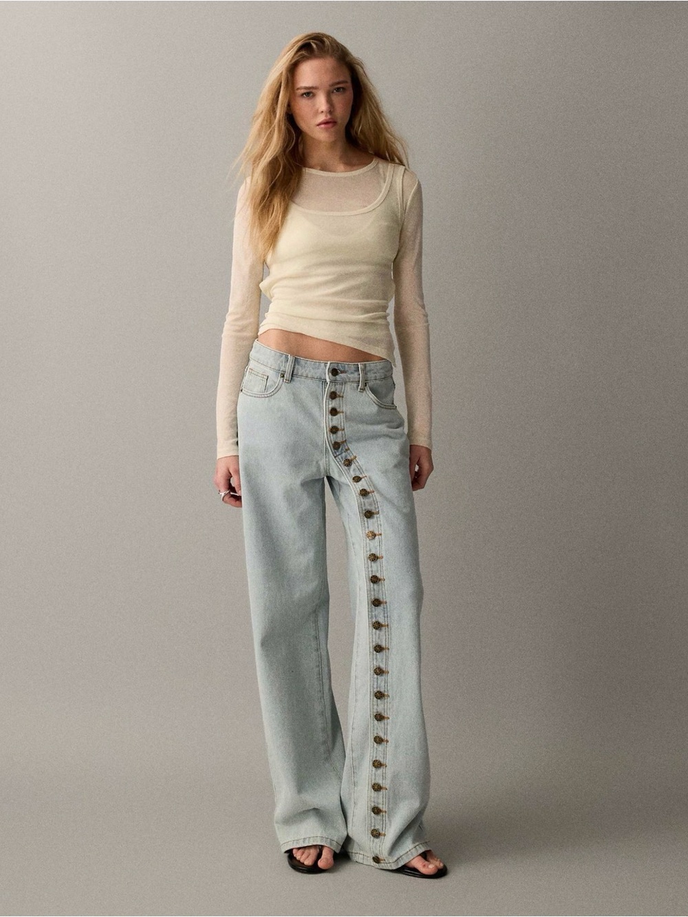 NWT Lioness Penny Asymmetric Button Wide Leg Jeans Light Wash | XXS